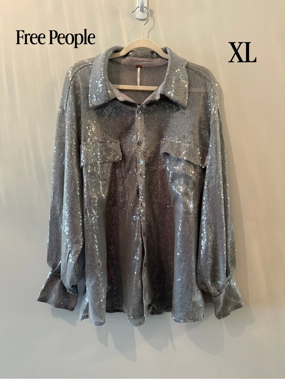 Free People Silver Sequin Button-Up Shirt Jacket - Picture 1 of 1